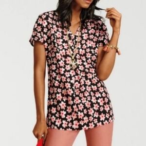 CAbi, #5347 Harmony Black Pink Floral V-Neck Oversized Blouse Top SZ Medium